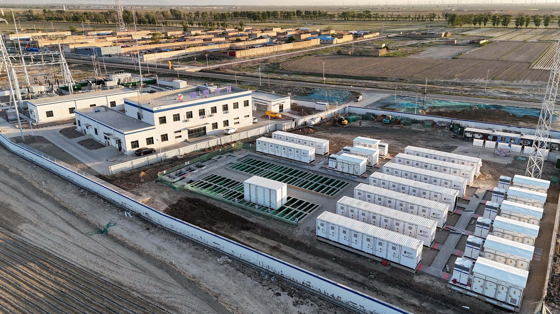 Solar-plus-storage station and substation, aerial view